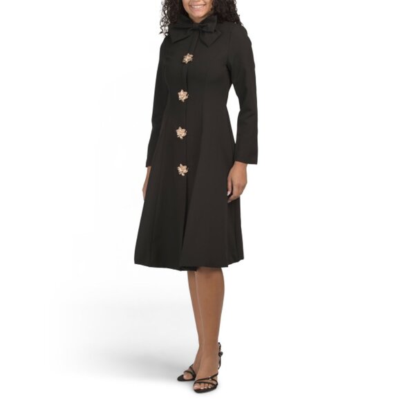 DALIA MACPHEE Black Long Sleeve Tie Neck Mini Dress With Floral Hardware - Picture 1 of 2